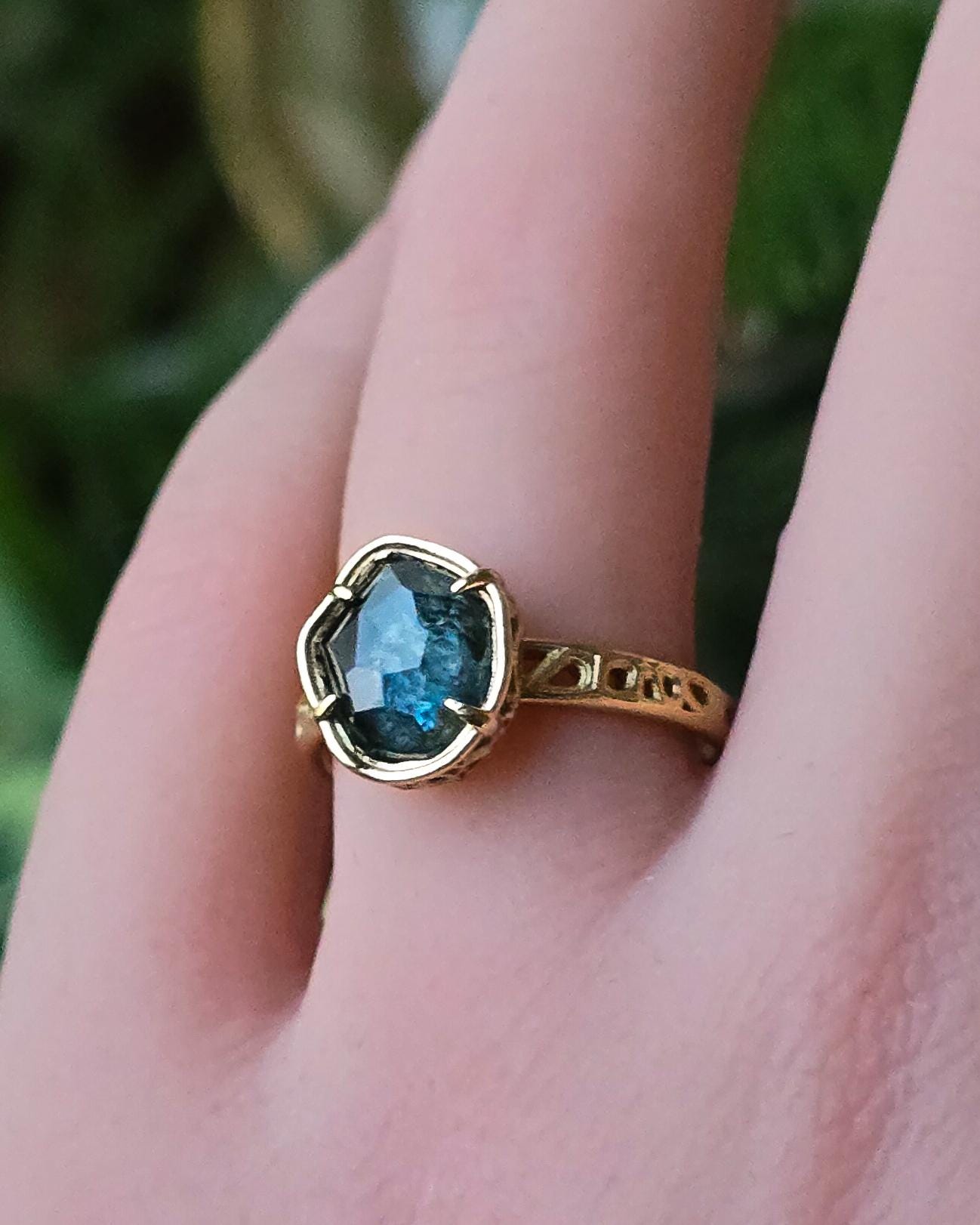 Blue Green Montana Sapphire Ring in 14k Yellow Gold, Hand-Finished Lattice, One of a Kind 14k gold, yellow gold, Montana Sapphire, blue green sapphire