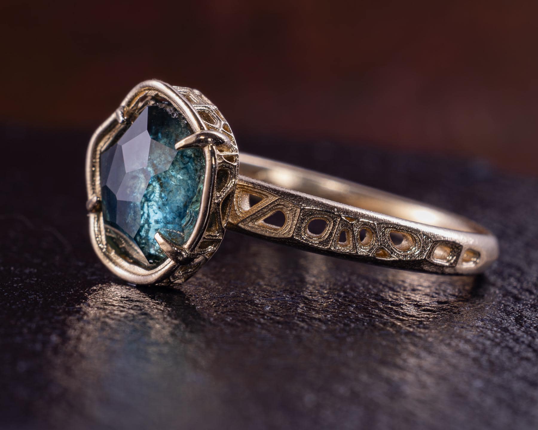 Blue Green Montana Sapphire Ring in 14k Yellow Gold, Hand-Finished Lattice, One of a Kind 14k gold, yellow gold, Montana Sapphire, blue green sapphire