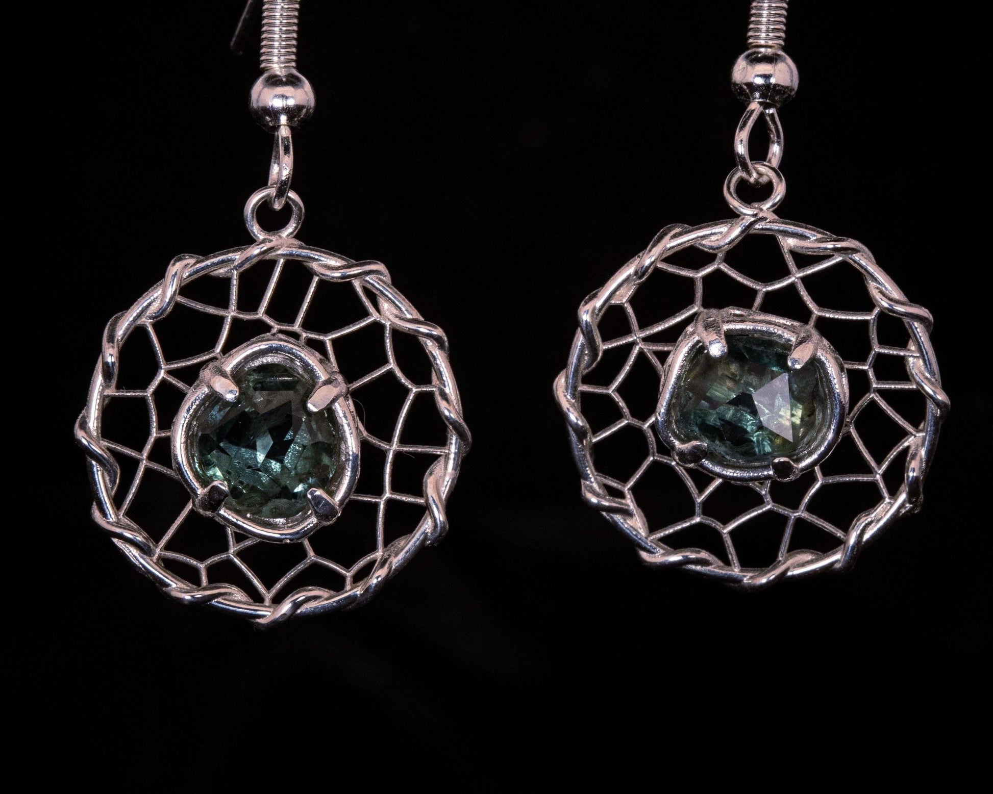 Hand Cut Montana Sapphire Earrings – Sterling Silver Organic Lattice Drops, item 1024 silver, Sapphire