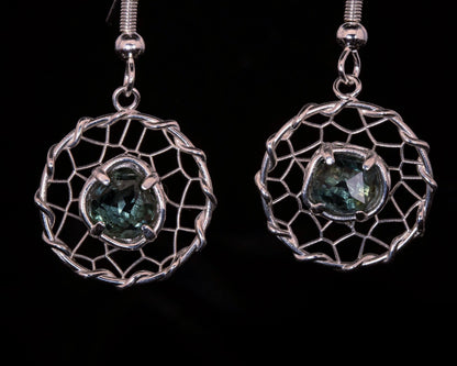 Hand Cut Montana Sapphire Earrings – Sterling Silver Organic Lattice Drops, item 1024 silver, Sapphire