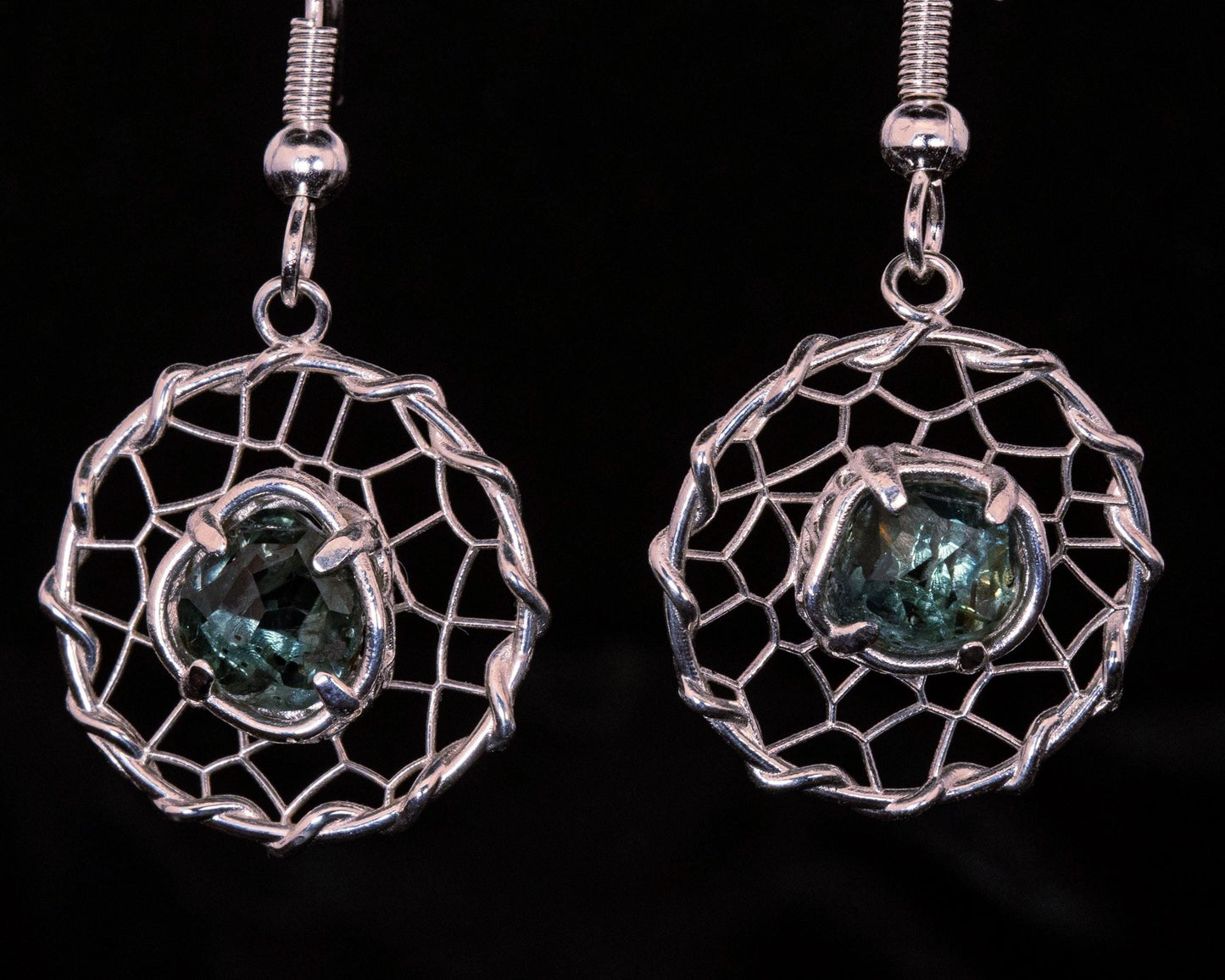 Hand Cut Montana Sapphire Earrings – Sterling Silver Organic Lattice Drops, item 1024 silver, Sapphire