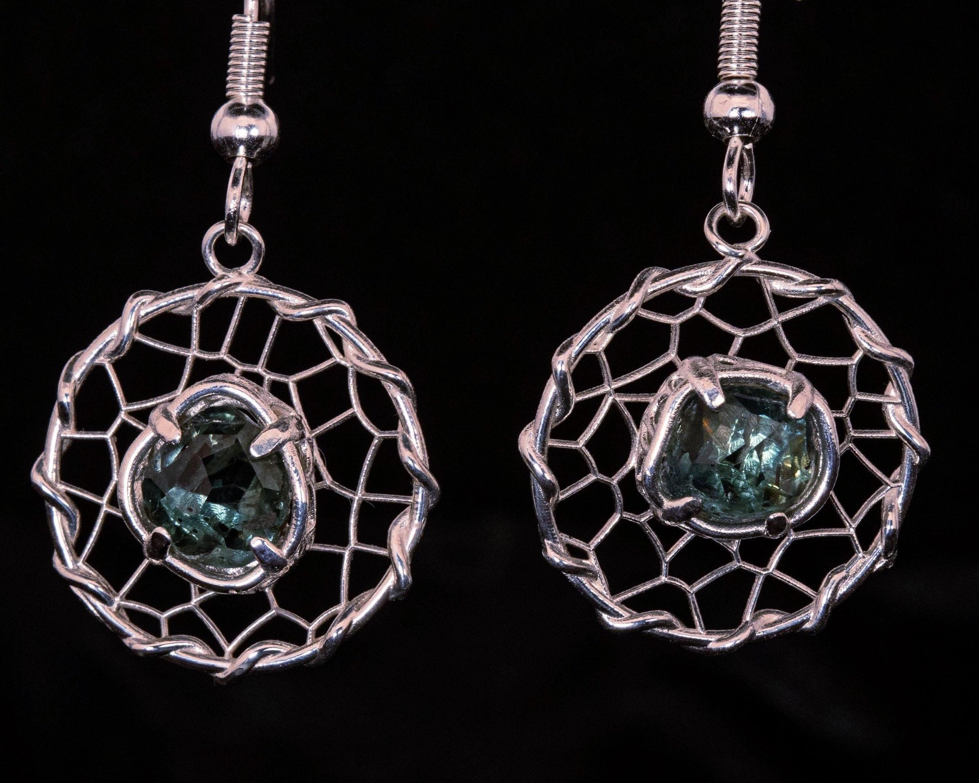 Hand Cut Montana Sapphire Earrings – Sterling Silver Organic Lattice Drops, item 1024 silver, Sapphire