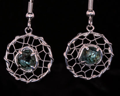 Hand Cut Montana Sapphire Earrings – Sterling Silver Organic Lattice Drops, item 1024 silver, Sapphire