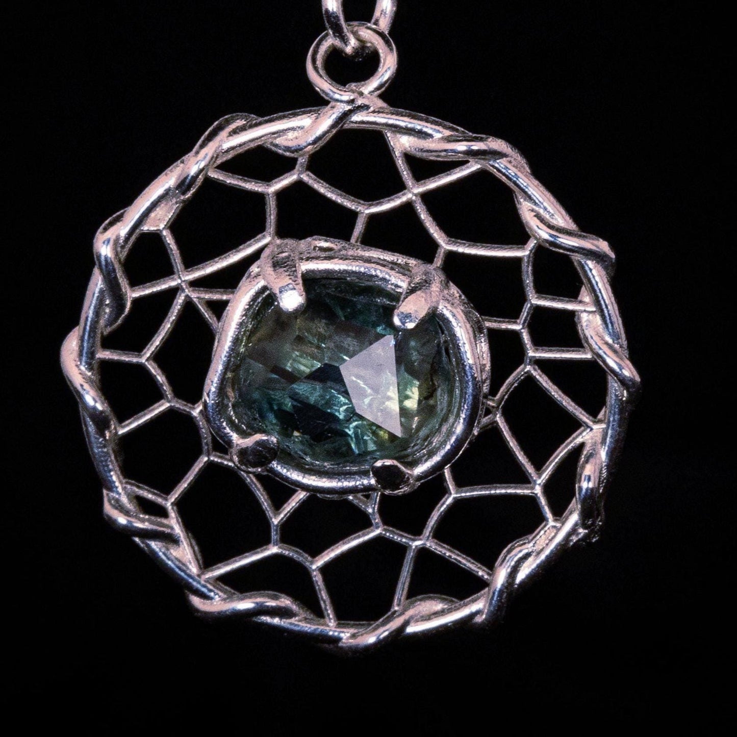 Hand Cut Montana Sapphire Earrings – Sterling Silver Organic Lattice Drops, item 1024 silver, Sapphire