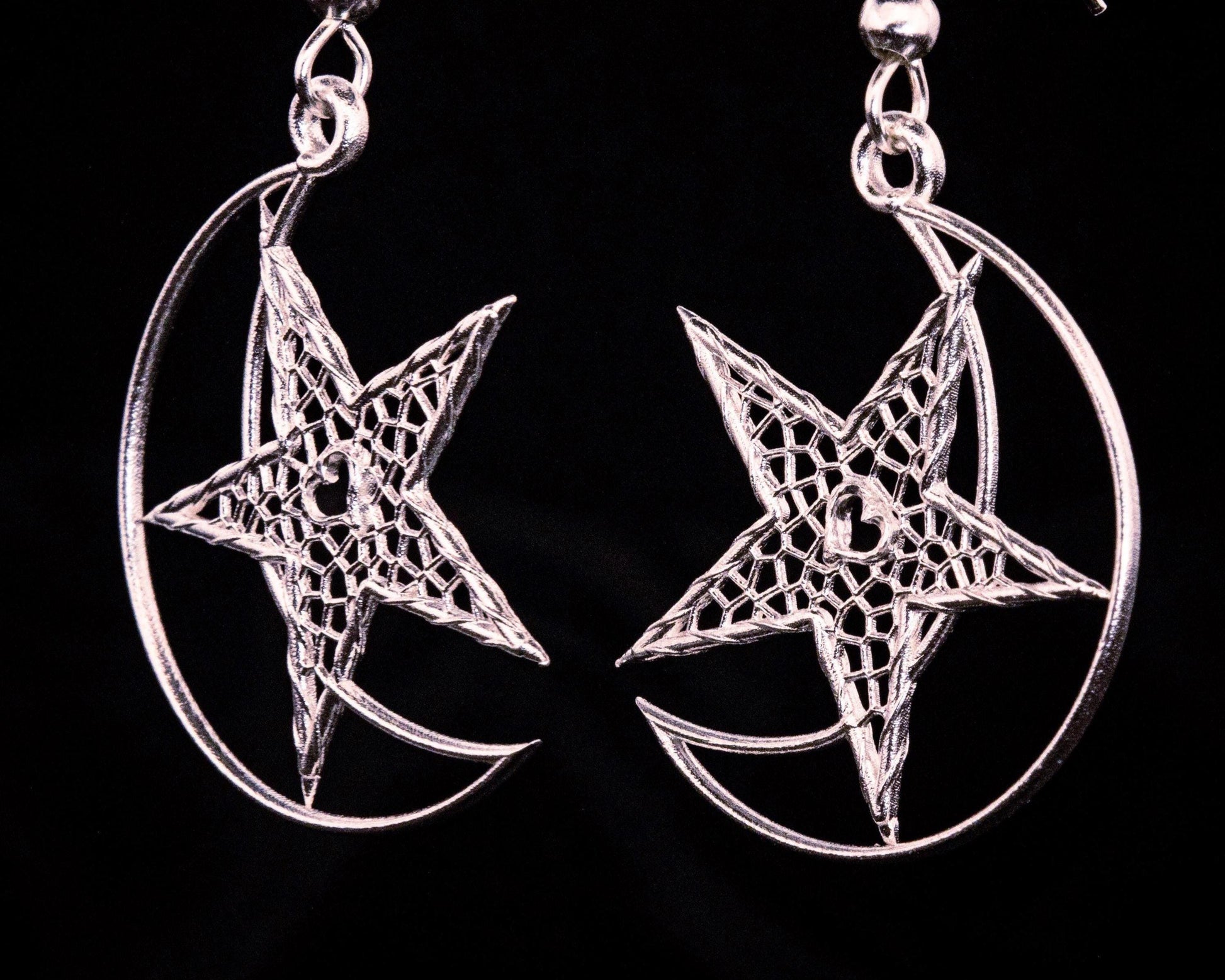 Handcrafted Sterling Silver Heart Moon Star Lattice Earrings Unique Jewelry, item 1039 silver