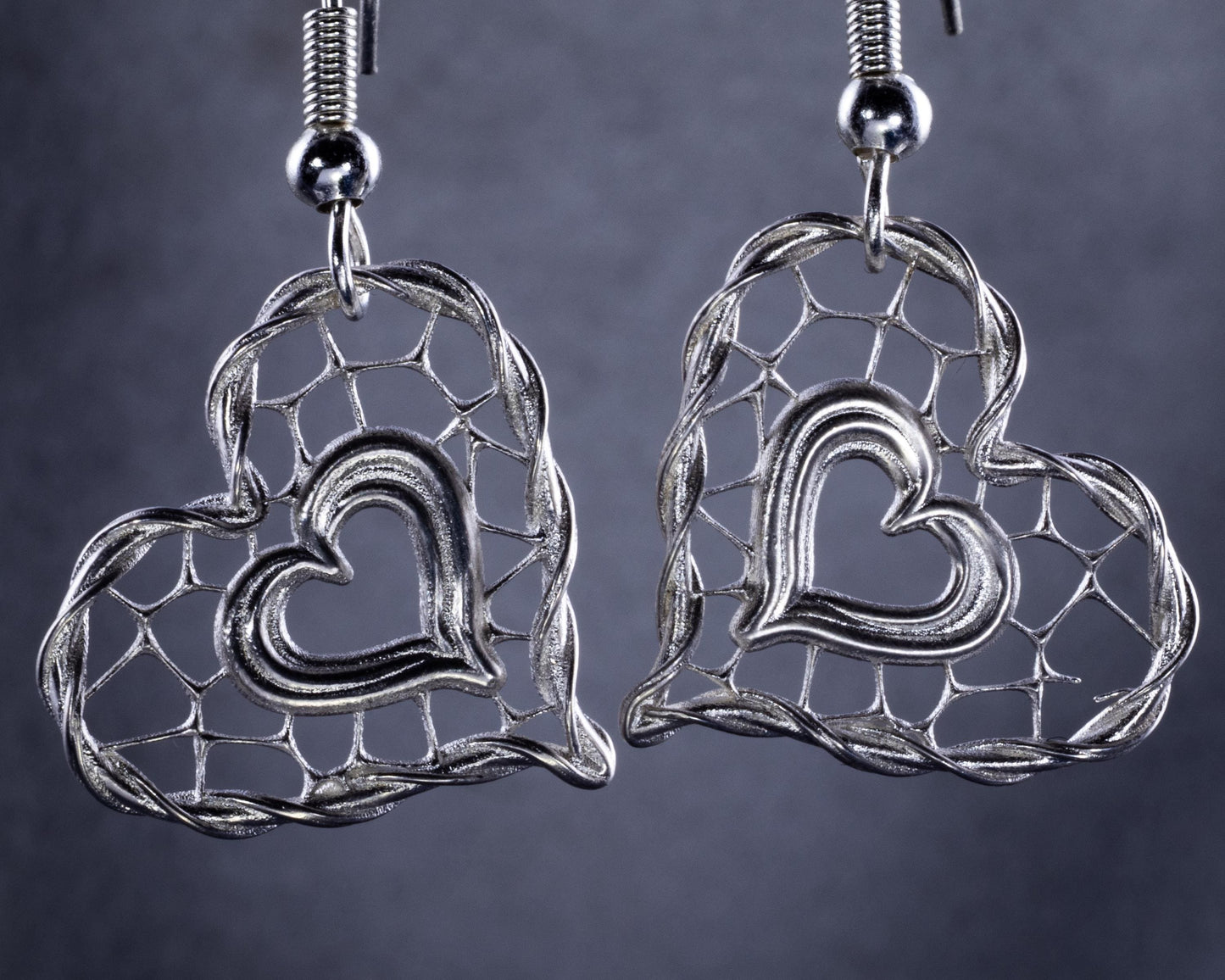 Handcrafted Sterling Silver Heart Lattice Earrings Unique Jewelry item 1048 silver