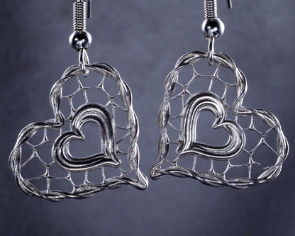 Handcrafted Sterling Silver Heart Lattice Earrings Unique Jewelry item 1048 silver