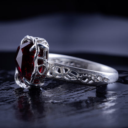 Hand Cut Rubellite Garnet Solitaire Ring — Sterling Silver, Sculptural Design item 1040 silver, Garnet