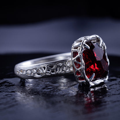 Hand Cut Rubellite Garnet Solitaire Ring — Sterling Silver, Sculptural Design item 1040 silver, Garnet