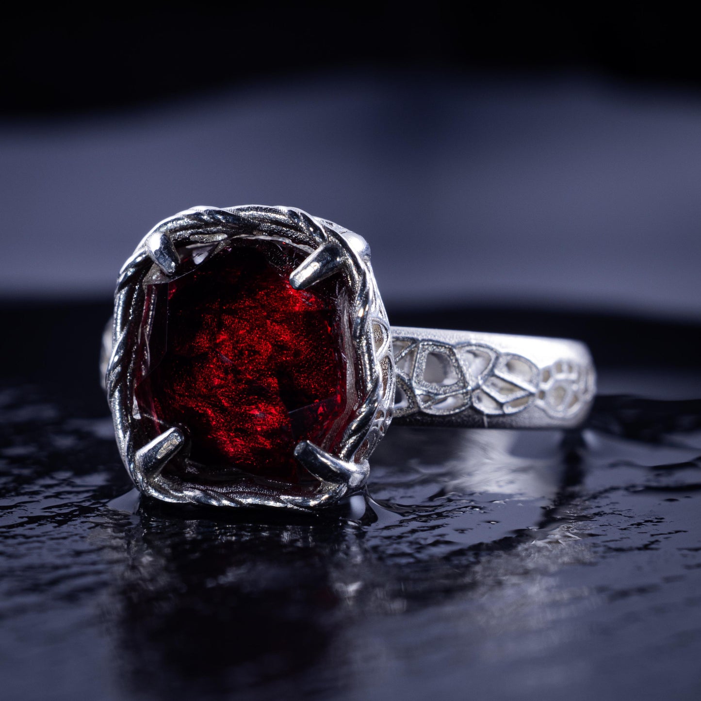 Hand Cut Rubellite Garnet Solitaire Ring — Sterling Silver, Sculptural Design item 1040 silver, Garnet