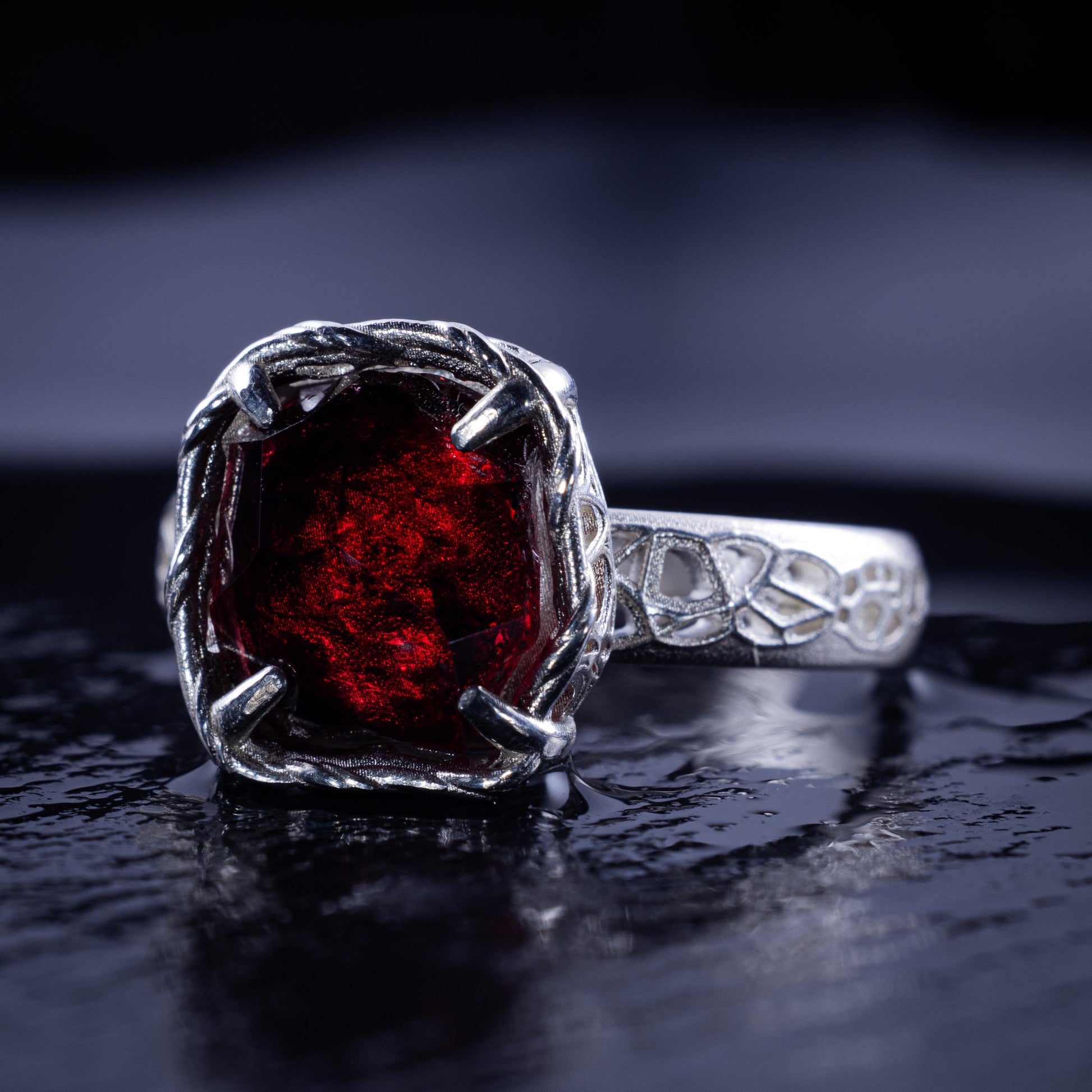 Hand Cut Rubellite Garnet Solitaire Ring — Sterling Silver, Sculptural Design item 1040 silver, Garnet