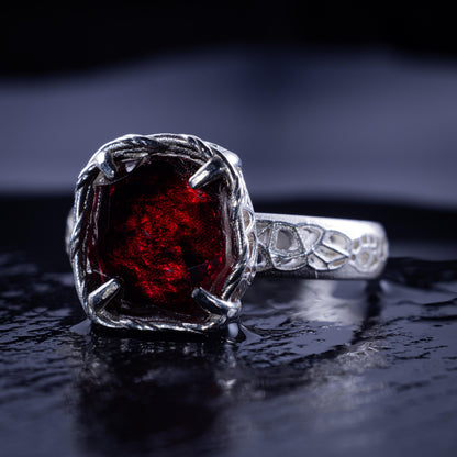 Hand Cut Rubellite Garnet Solitaire Ring — Sterling Silver, Sculptural Design item 1040 silver, Garnet