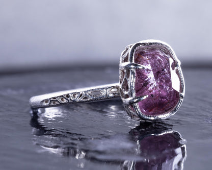 Hand Faceted Pink Sapphire Ring – Sculptural Sterling Silver Lattice Statement ring item 1050 Sterling Silver, sapphire