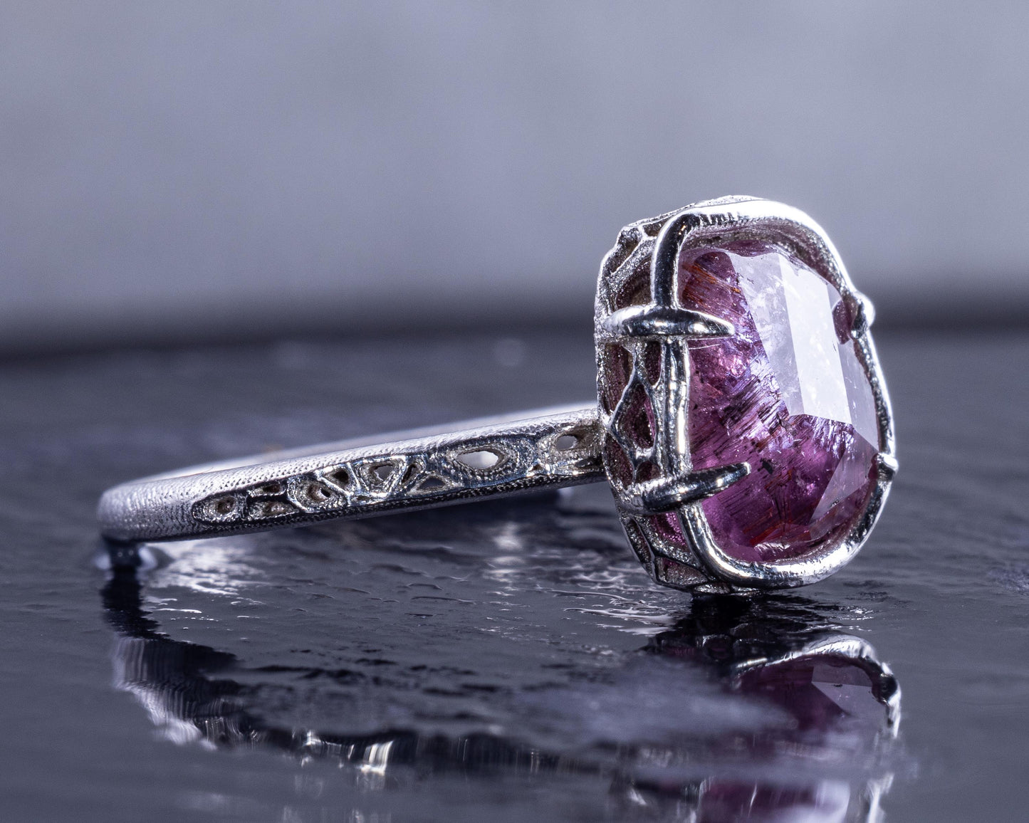 Hand Faceted Pink Sapphire Ring – Sculptural Sterling Silver Lattice Statement ring item 1050 Sterling Silver, sapphire