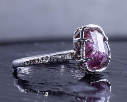 Hand Faceted Pink Sapphire Ring – Sculptural Sterling Silver Lattice Statement ring item 1050 Sterling Silver, sapphire