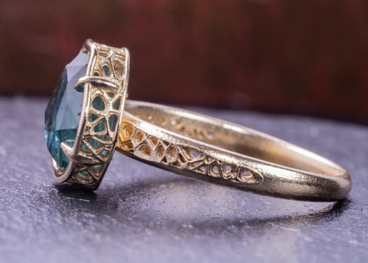 Blue Green Montana Sapphire Ring in 14k Yellow Gold, Hand-Finished Lattice, One of a Kind 14k gold, yellow gold, Montana Sapphire, blue green sapphire