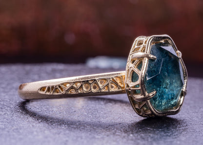 Blue Green Montana Sapphire Ring in 14k Yellow Gold, Hand-Finished Lattice, One of a Kind 14k gold, yellow gold, Montana Sapphire, blue green sapphire