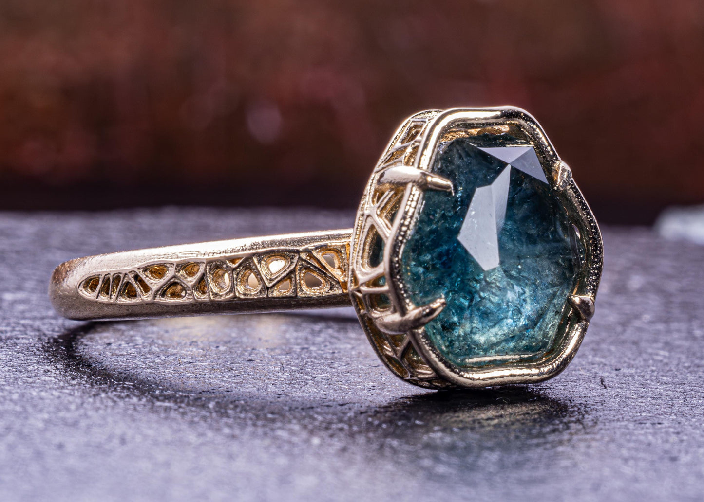 Blue Green Montana Sapphire Ring in 14k Yellow Gold, Hand-Finished Lattice, One of a Kind 14k gold, yellow gold, Montana Sapphire, blue green sapphire