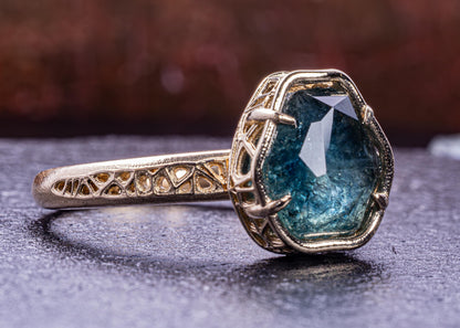 Blue Green Montana Sapphire Ring in 14k Yellow Gold, Hand-Finished Lattice, One of a Kind 14k gold, yellow gold, Montana Sapphire, blue green sapphire