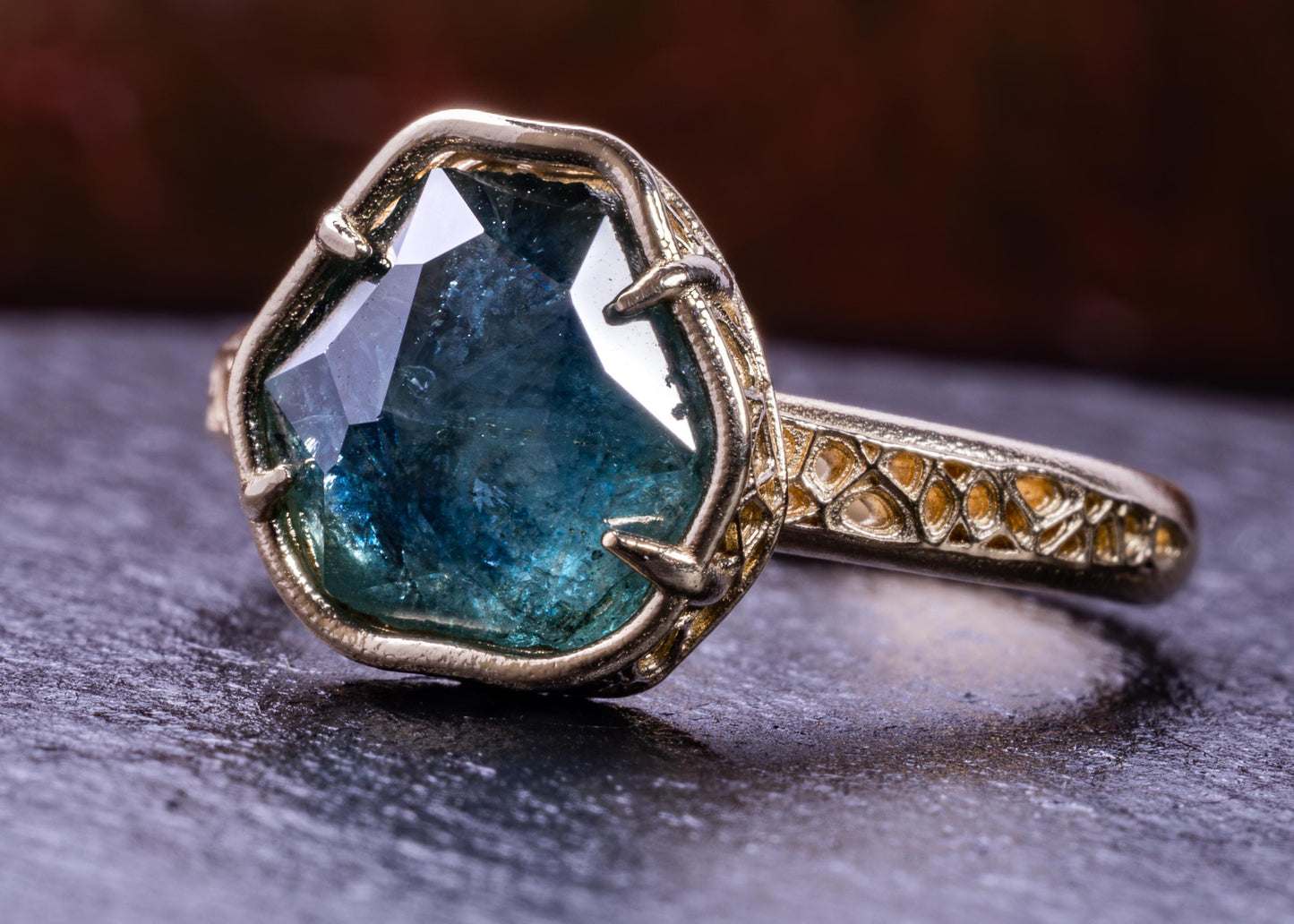 Blue Green Montana Sapphire Ring in 14k Yellow Gold, Hand-Finished Lattice, One of a Kind 14k gold, yellow gold, Montana Sapphire, blue green sapphire