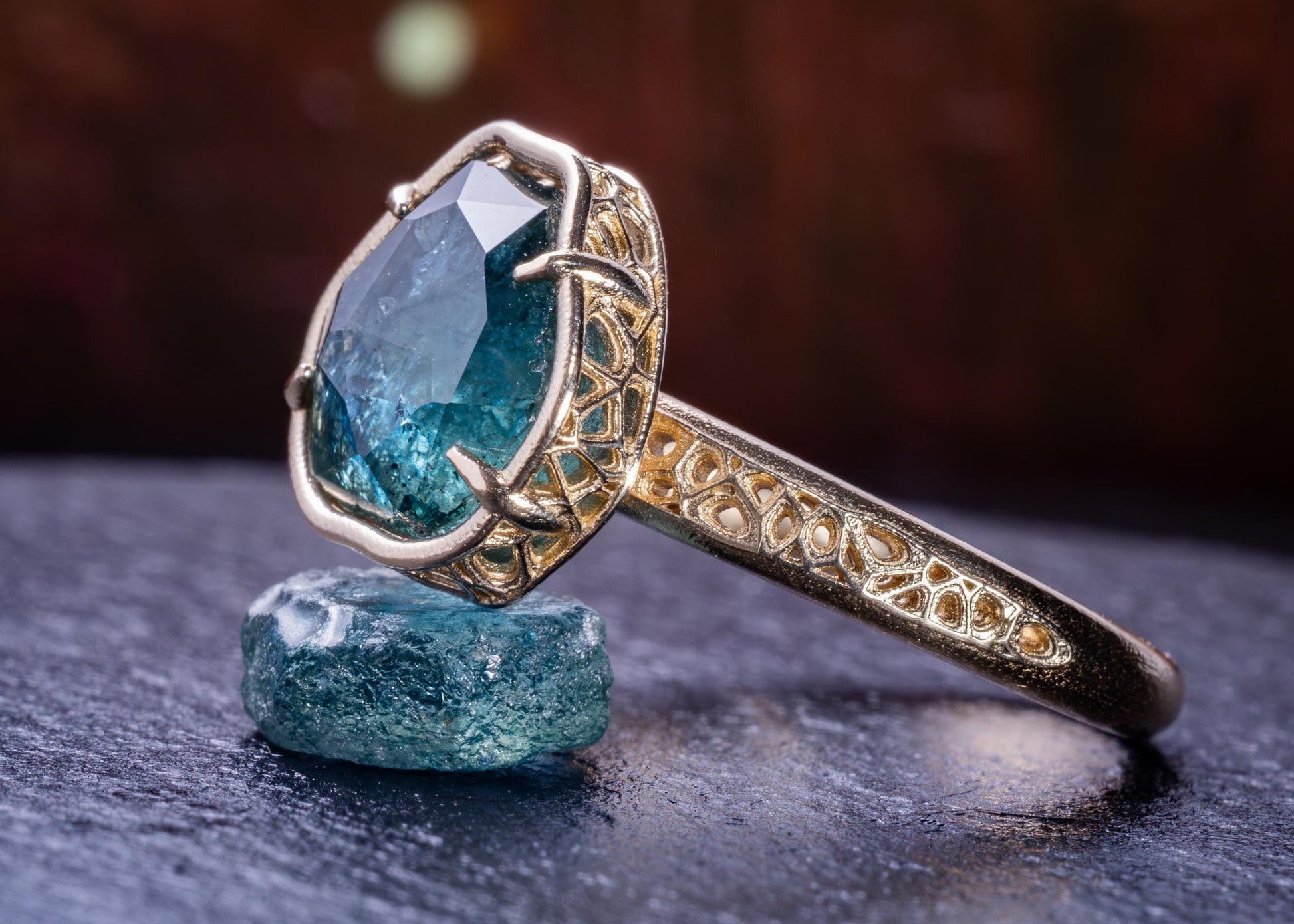 Blue Green Montana Sapphire Ring in 14k Yellow Gold, Hand-Finished Lattice, One of a Kind 14k gold, yellow gold, Montana Sapphire, blue green sapphire