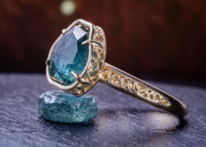 Blue Green Montana Sapphire Ring in 14k Yellow Gold, Hand-Finished Lattice, One of a Kind 14k gold, yellow gold, Montana Sapphire, blue green sapphire