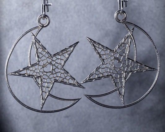 Sterling Silver Heart Moon Star Lattice Earrings Unique Jewelry, item 1039 silver