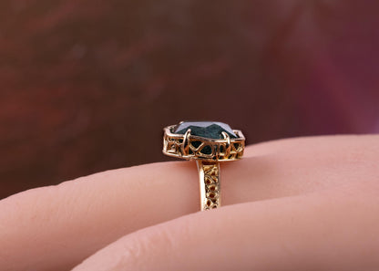 Blue Green Montana Sapphire Ring in 14k Yellow Gold, Hand-Finished Lattice, One of a Kind 14k gold, yellow gold, Montana Sapphire, blue green sapphire