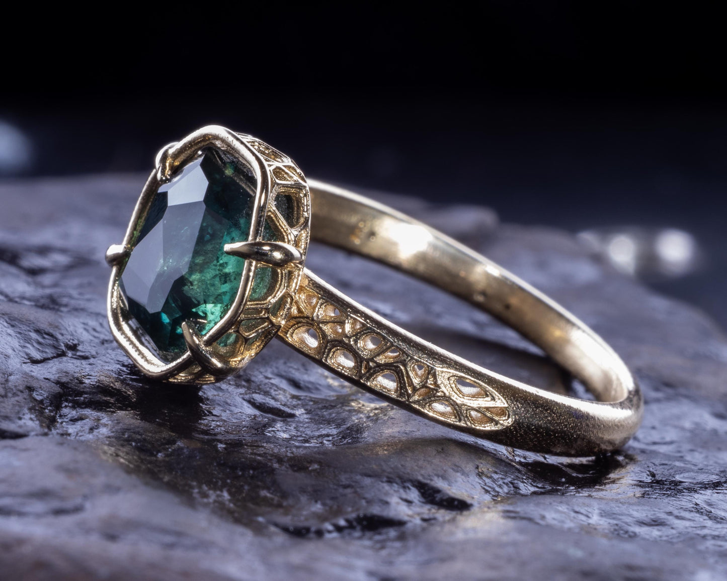 Deep Green Montana Sapphire Ring in 14k Yellow Gold, Hand-Finished Lattice, One of a Kind 14k gold, yellow gold, Montana Sapphire, Green Sapphire