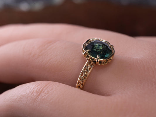 Deep Green Montana Sapphire Ring in 14k Yellow Gold, Hand-Finished Lattice, One of a Kind 14k gold, yellow gold, Montana Sapphire, Green Sapphire