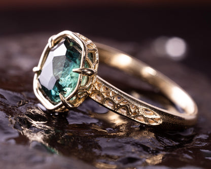 Deep Green Montana Sapphire Ring in 14k Yellow Gold, Hand-Finished Lattice, One of a Kind 14k gold, yellow gold, Montana Sapphire, Green Sapphire