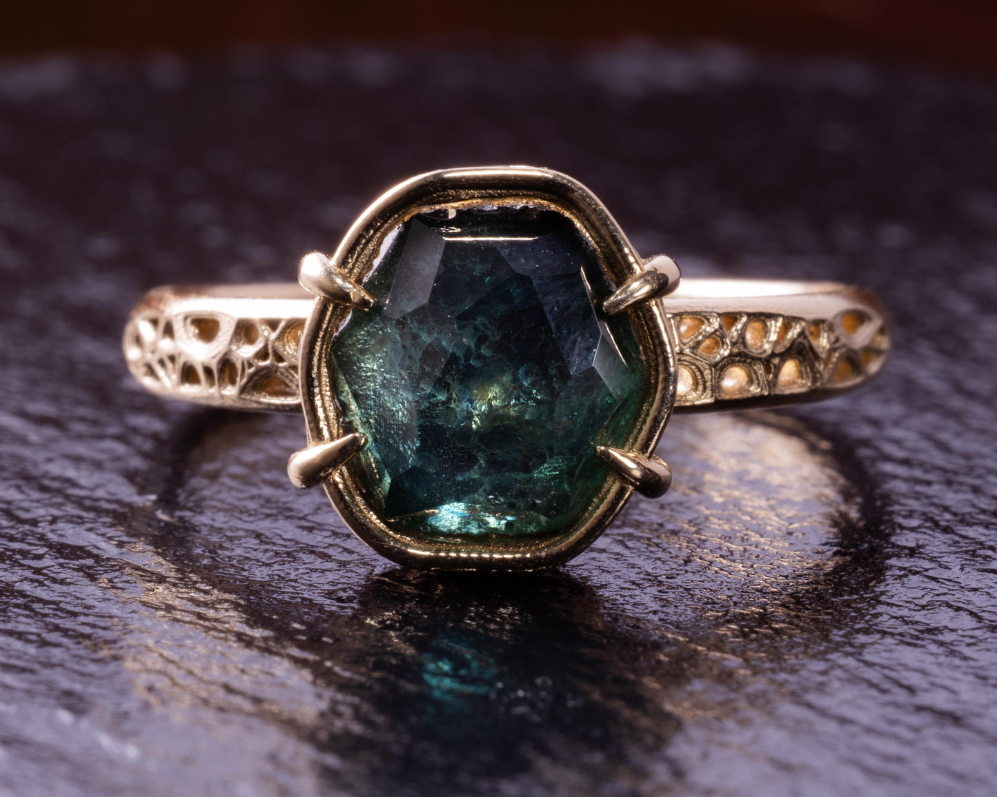 Deep Green Montana Sapphire Ring in 14k Yellow Gold, Hand-Finished Lattice, One of a Kind 14k gold, yellow gold, Montana Sapphire, Green Sapphire