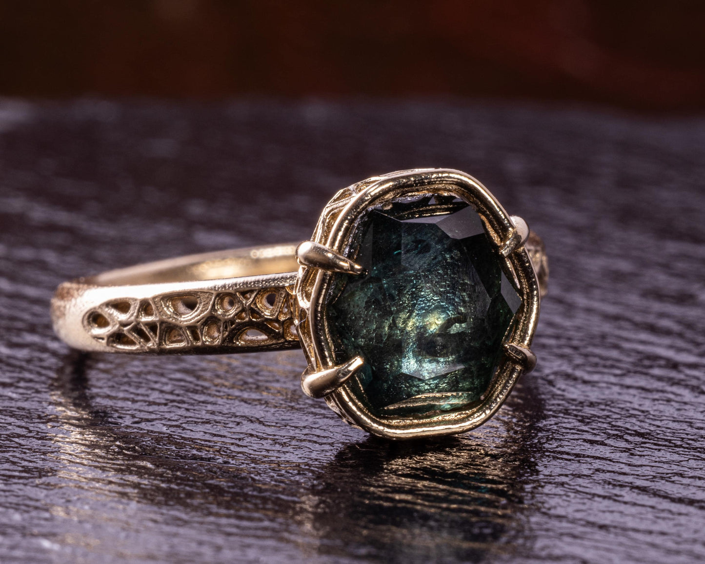 Deep Green Montana Sapphire Ring in 14k Yellow Gold, Hand-Finished Lattice, One of a Kind 14k gold, yellow gold, Montana Sapphire, Green Sapphire