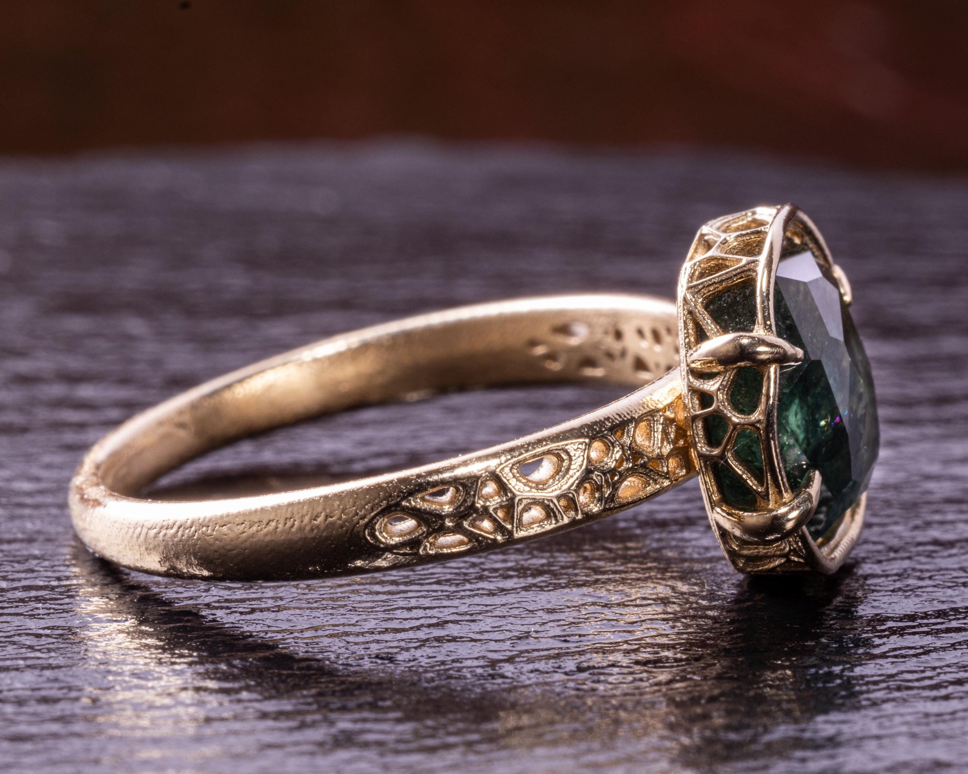 Deep Green Montana Sapphire Ring in 14k Yellow Gold, Hand-Finished Lattice, One of a Kind 14k gold, yellow gold, Montana Sapphire, Green Sapphire