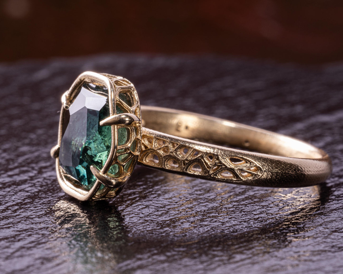 Deep Green Montana Sapphire Ring in 14k Yellow Gold, Hand-Finished Lattice, One of a Kind 14k gold, yellow gold, Montana Sapphire, Green Sapphire