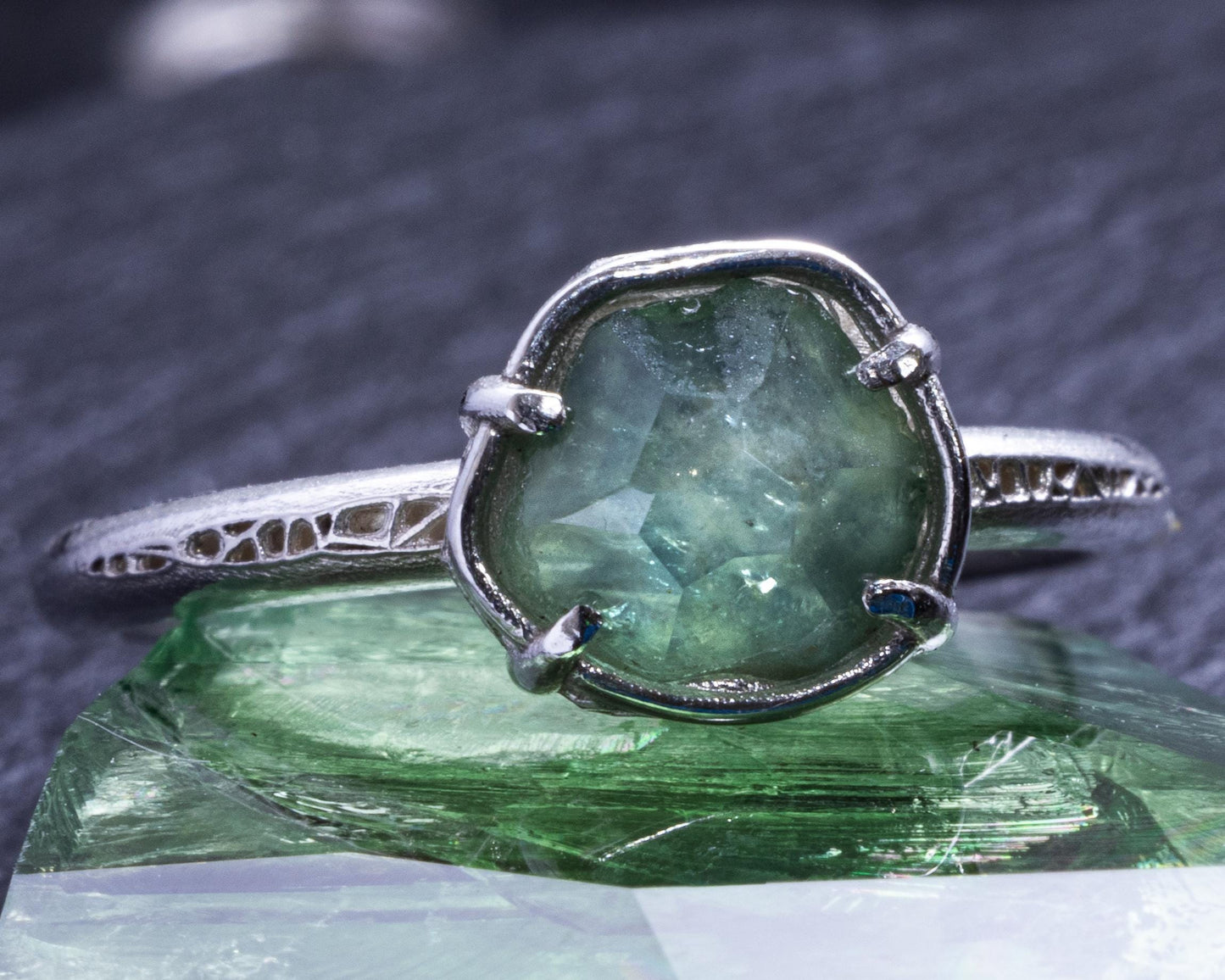Hand-Cut Blue Green Sapphire Ring in Sterling Silver Size 5.5 item 1047 silver, sapphire