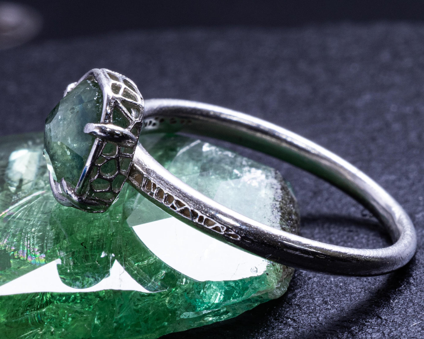 Hand-Cut Blue Green Sapphire Ring in Sterling Silver Size 5.5 item 1047 silver, sapphire