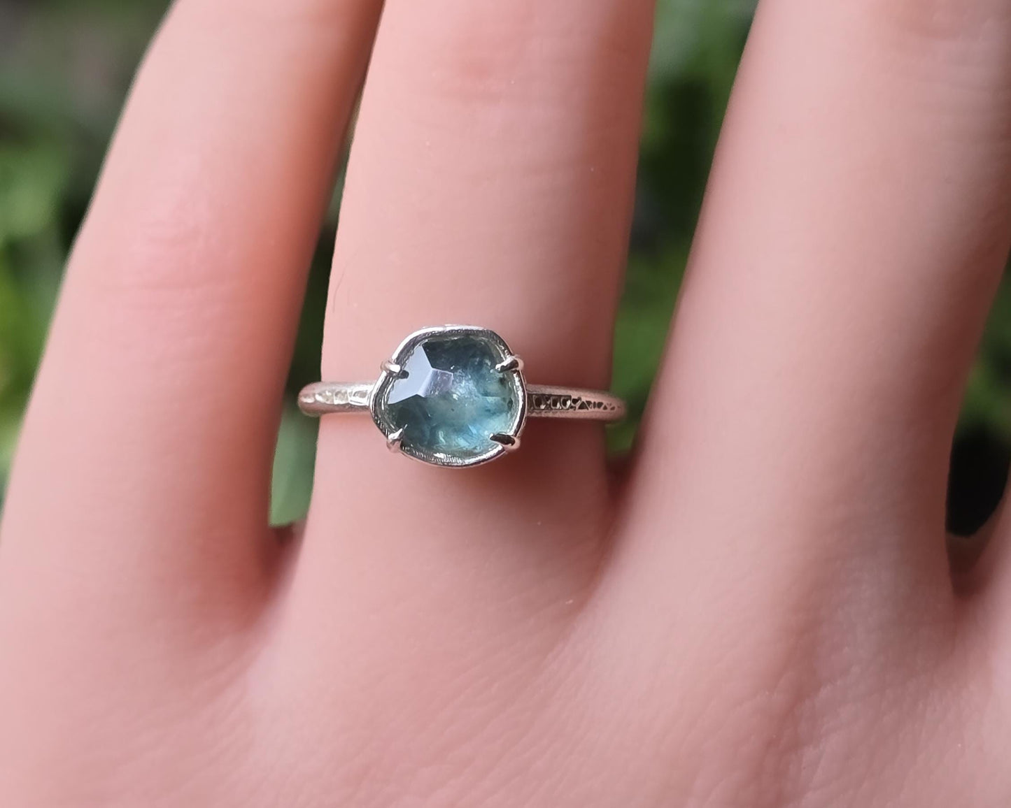 Hand-Cut Blue Green Sapphire Ring in Sterling Silver Size 5.5 item 1047 silver, sapphire