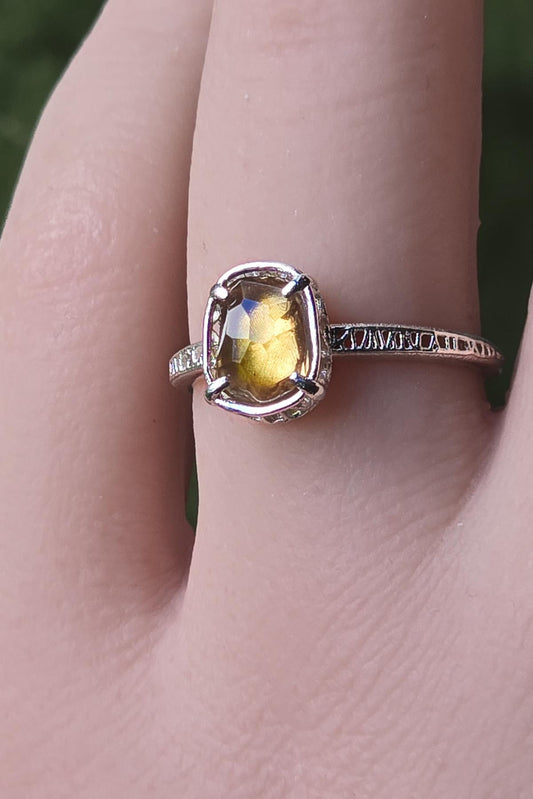 Hand Faceted Golden Sapphire Ring – Sculptural Sterling Silver Lattice Statement ring item 1046 Sterling Silver, sapphire