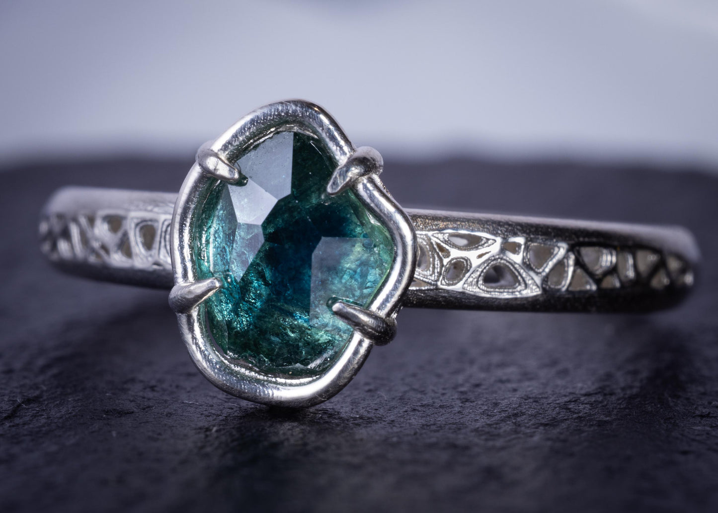Hand Cut Montana Sapphire Ring in Sterling Silver, Blue Green Sapphire Solitaire 