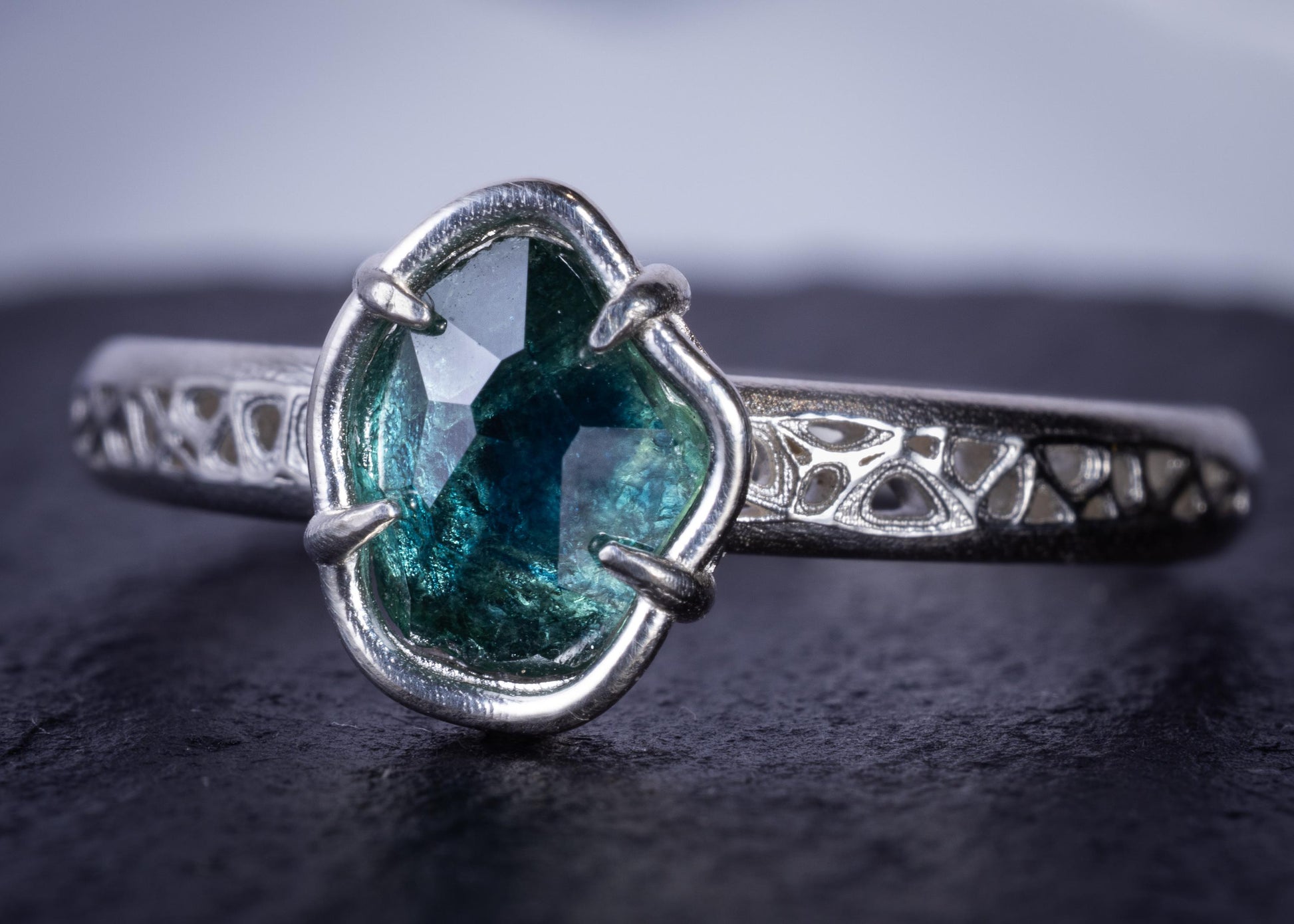Hand Cut Montana Sapphire Ring in Sterling Silver, Blue Green Sapphire Solitaire 