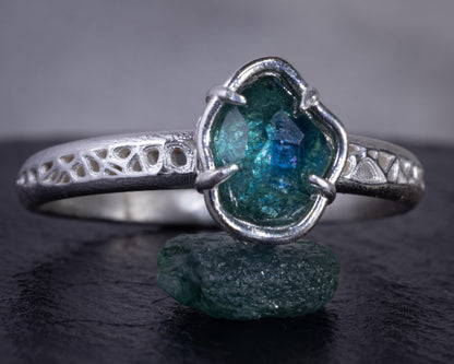 Hand Cut Montana Sapphire Ring in Sterling Silver, Blue Green Sapphire Solitaire 