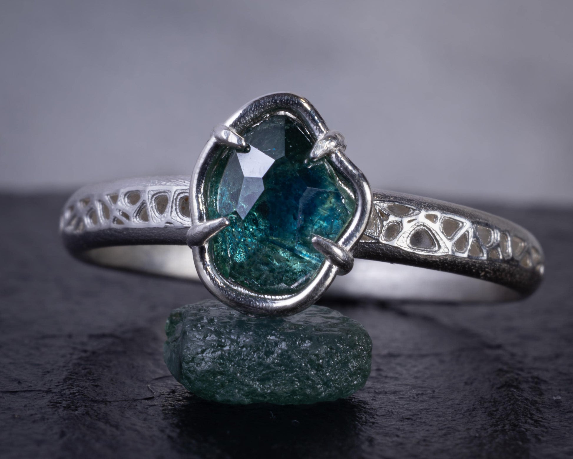 Hand Cut Montana Sapphire Ring in Sterling Silver, Blue Green Sapphire Solitaire 