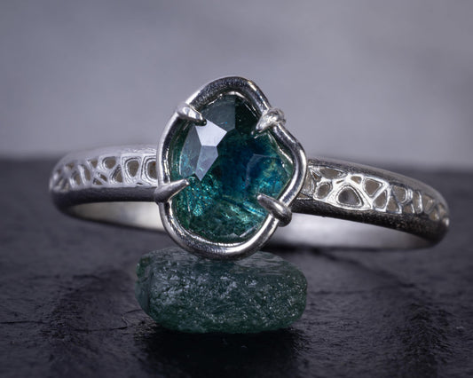 Hand Cut Montana Sapphire Ring in Sterling Silver, Blue Green Sapphire Solitaire 