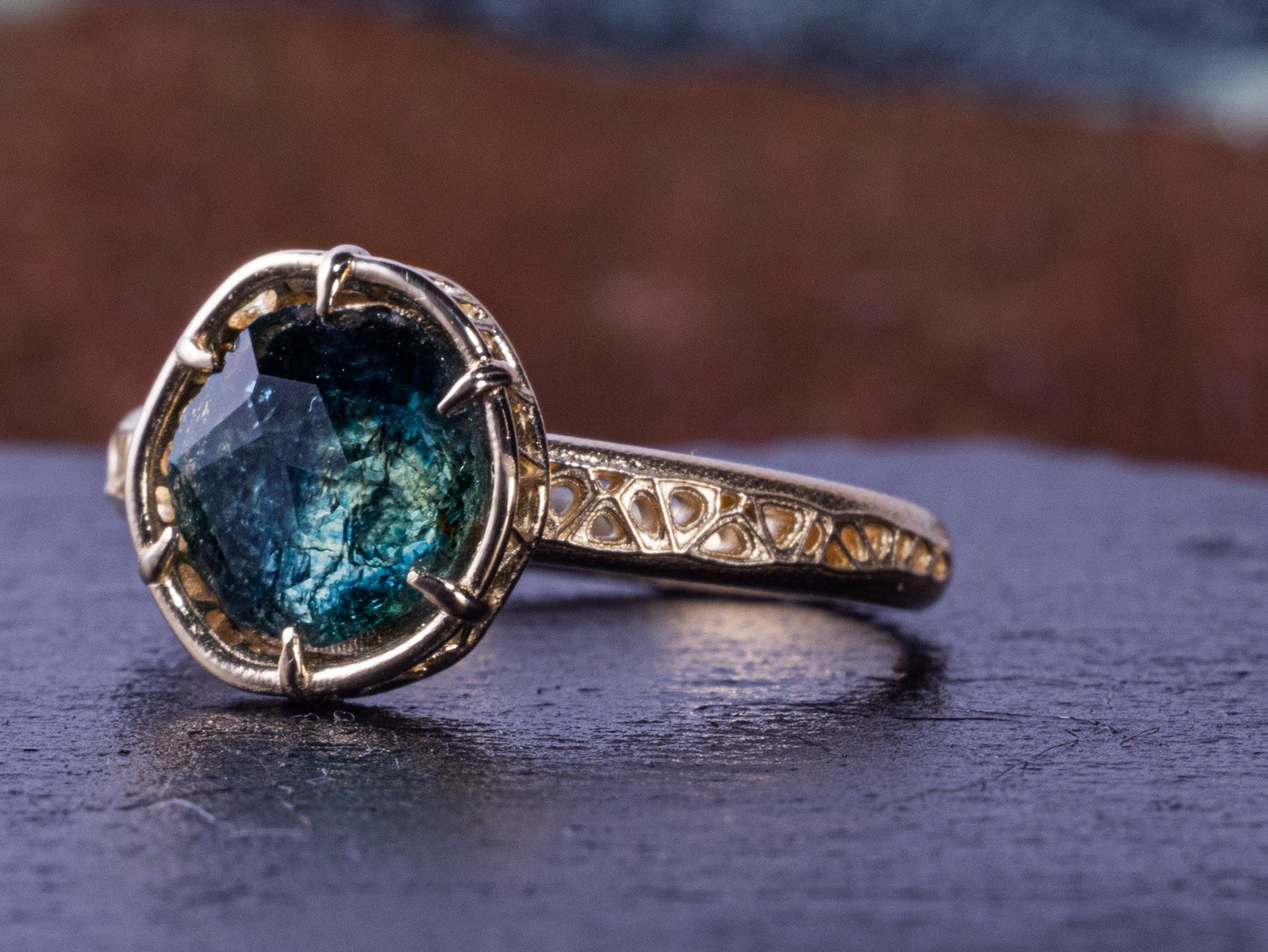 Montana Sapphire Ring in 14k Yellow Gold – Blue Green Sapphire, Organic Prong Setting, One of a Kind 