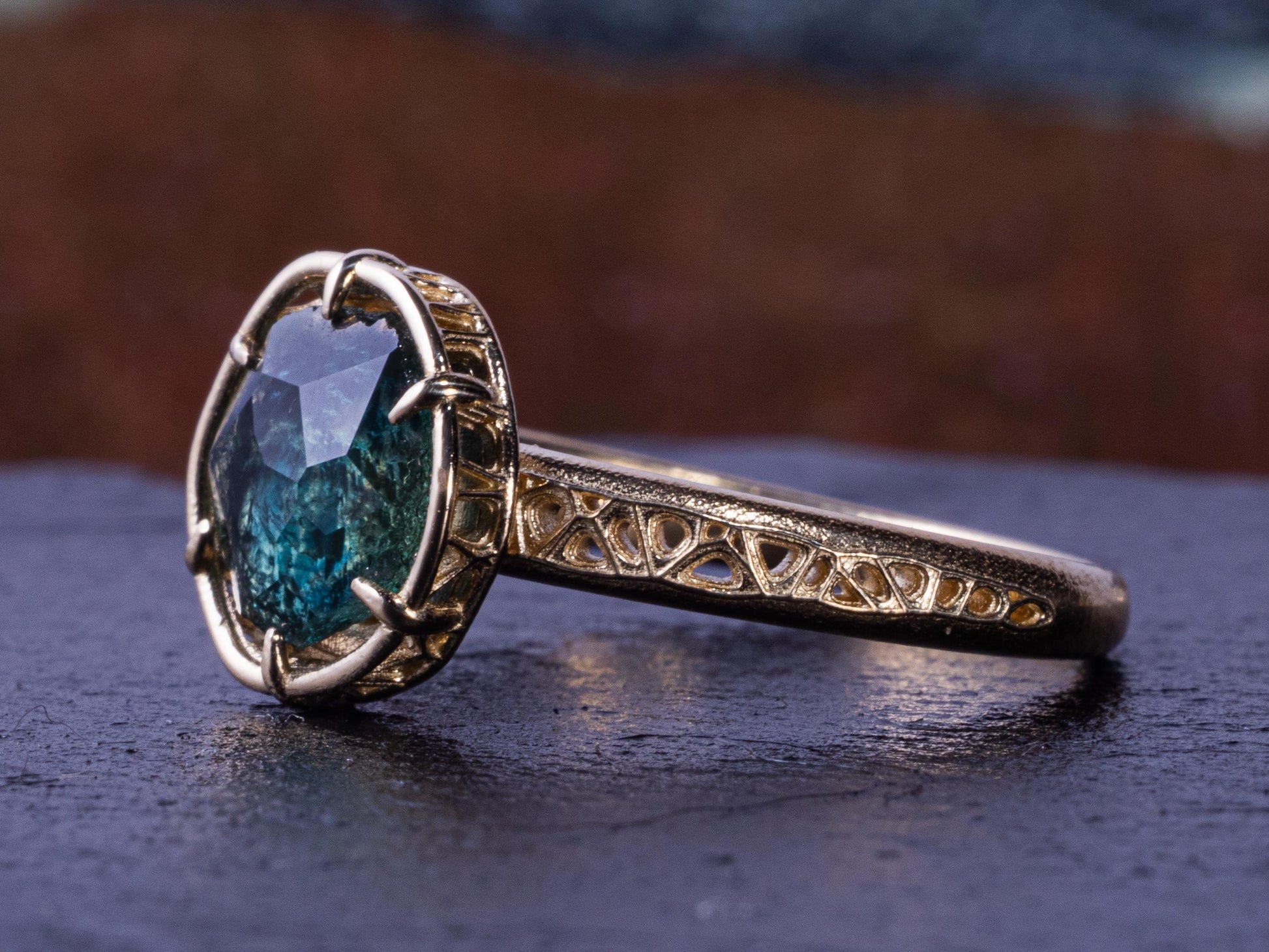 Montana Sapphire Ring in 14k Yellow Gold – Blue Green Sapphire, Organic Prong Setting, One of a Kind 