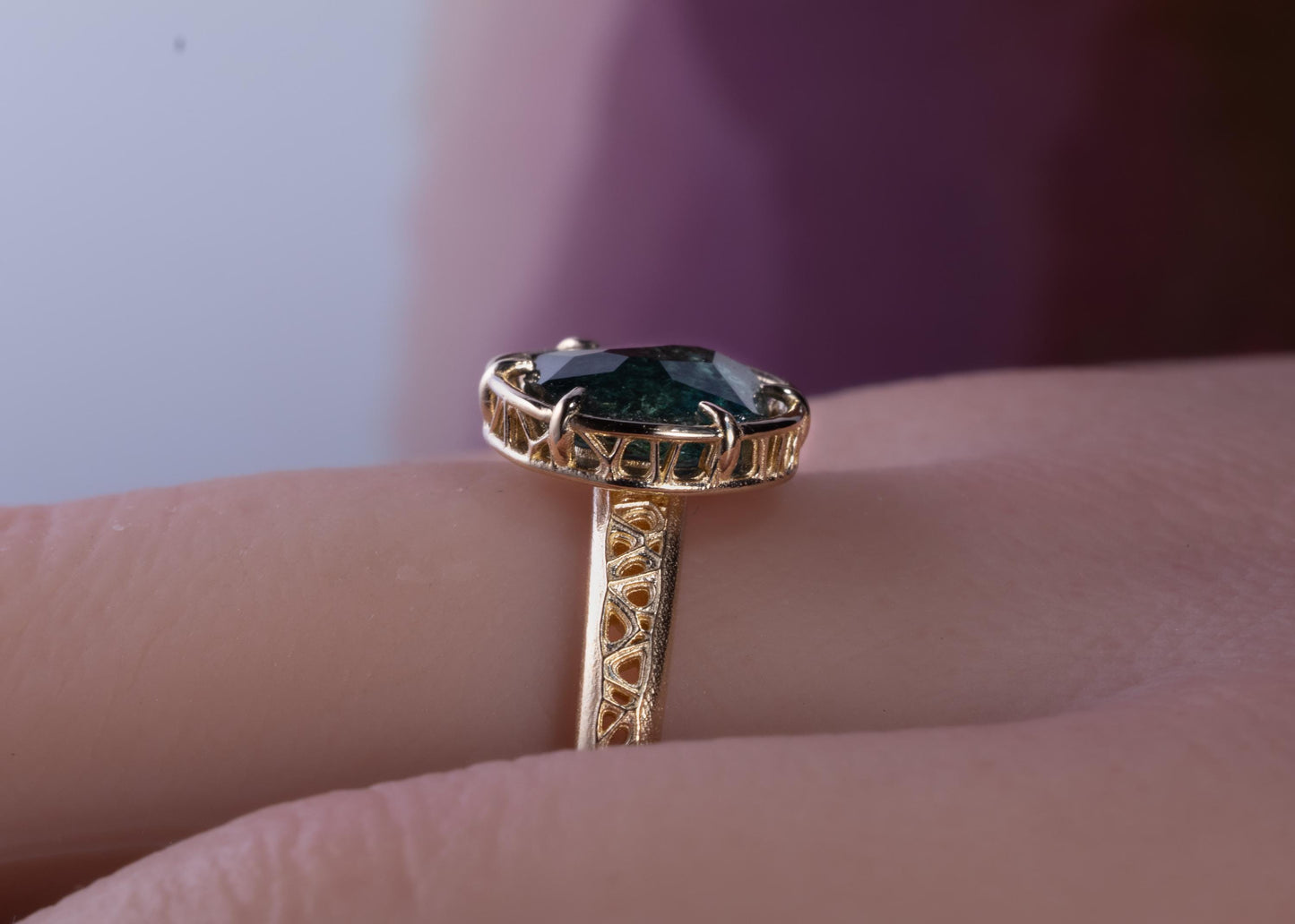 Montana Sapphire Ring in 14k Yellow Gold – Blue Green Sapphire, Organic Prong Setting, One of a Kind 