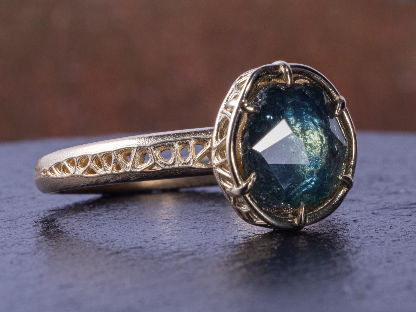 Montana Sapphire Ring in 14k Yellow Gold – Blue Green Sapphire, Organic Prong Setting, One of a Kind 