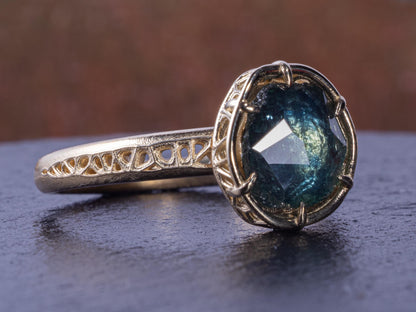 Montana Sapphire Ring in 14k Yellow Gold – Blue Green Sapphire, Organic Prong Setting, One of a Kind 