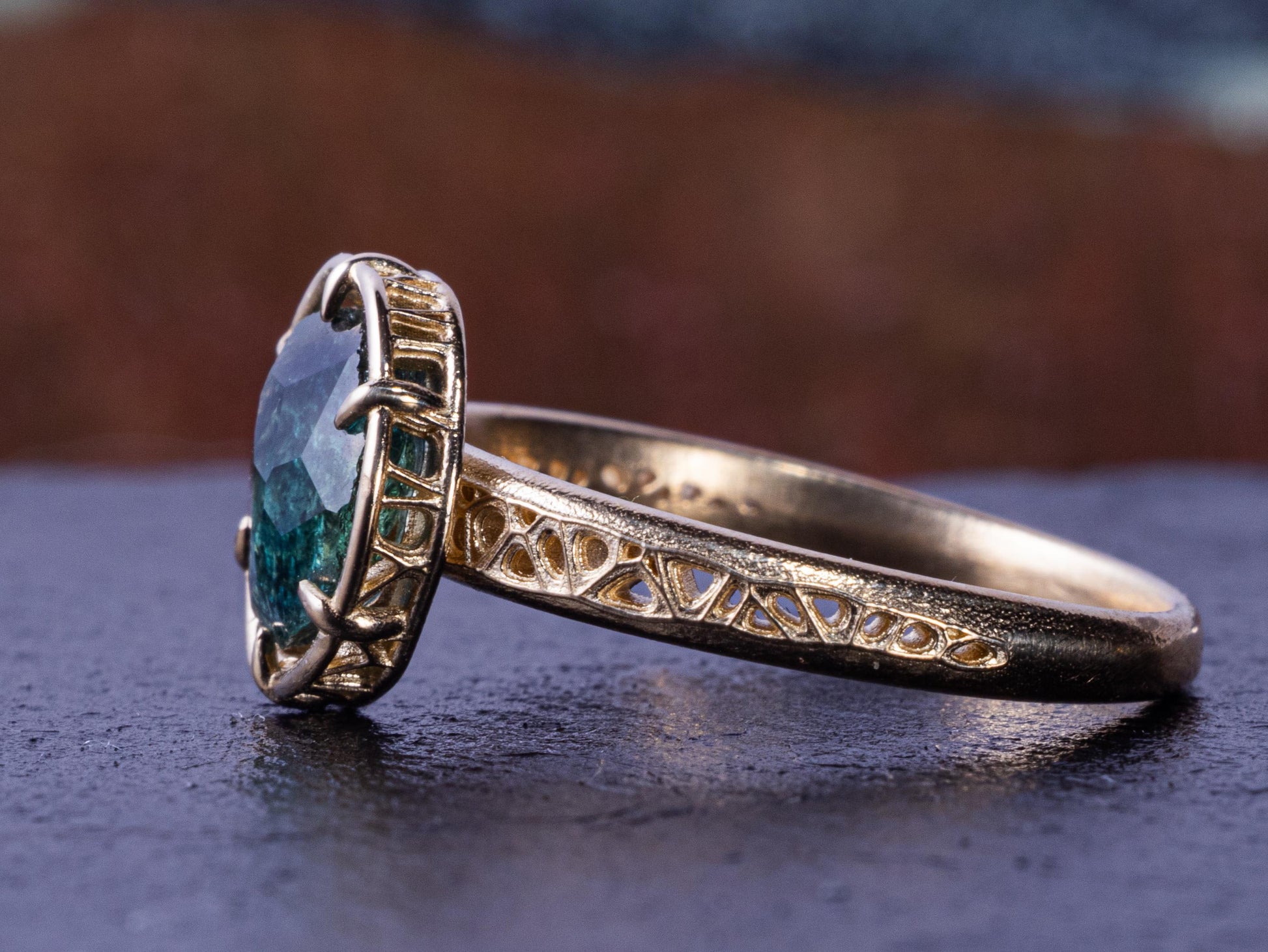 Montana Sapphire Ring in 14k Yellow Gold – Blue Green Sapphire, Organic Prong Setting, One of a Kind 